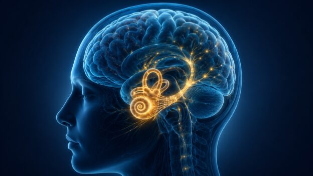 Illustration of the human brain with the golden inner-ear vestibular system